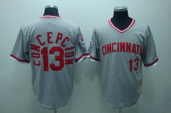 Mitchell and Ness Reds #13 Dave Concepcion Stitched Grey Throwback MLB Jersey - Click Image to Close